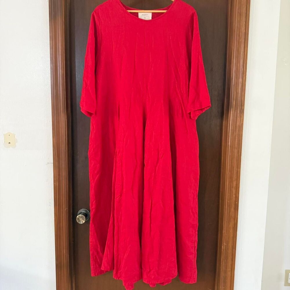 Adeptt Linen Red Maxi Dress 3/4” sleeve Sz 3XL minimalist cottage Lagenlook